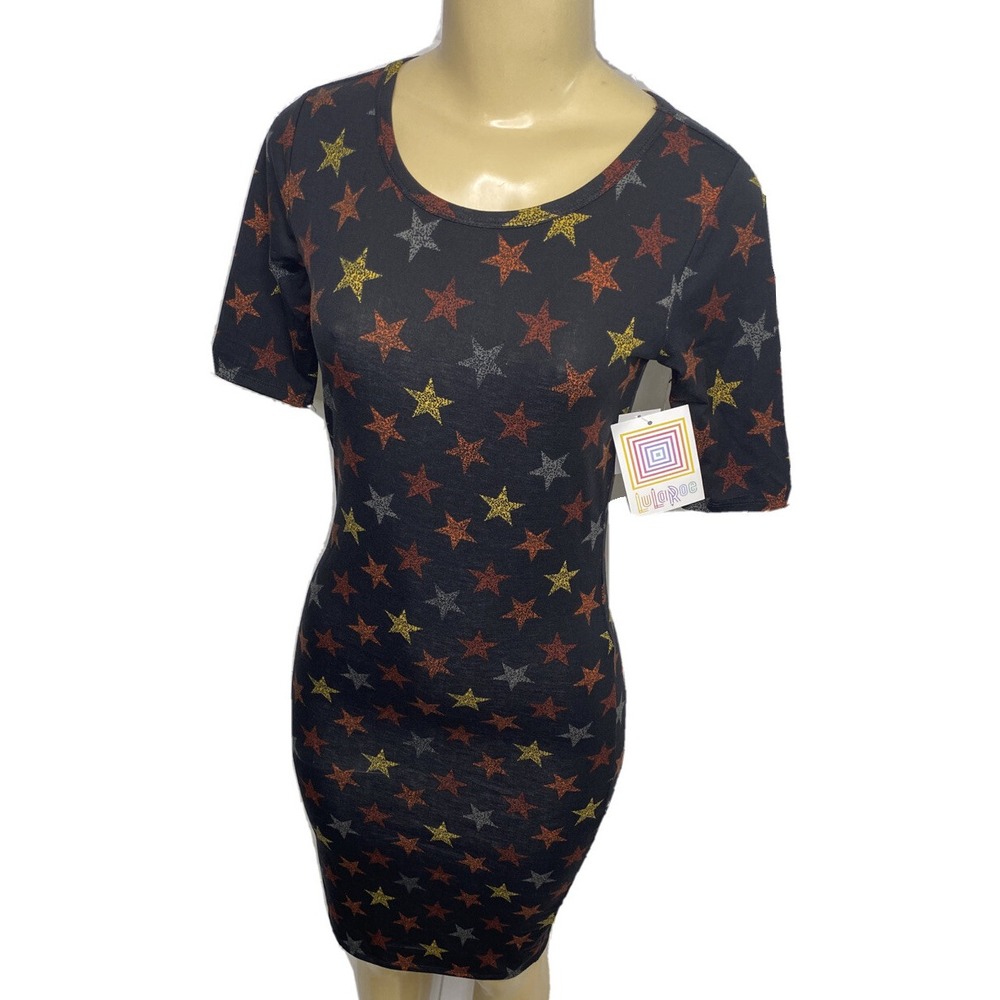 Lularoe Julia Dress Black Stars Print Short Sleeve Boat Neck Midi Women XXS‎ NWT
